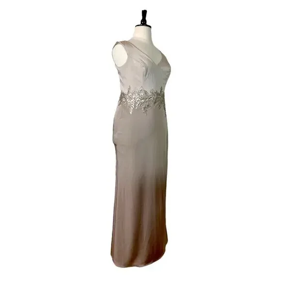 Cameron Blake Evening Gown Dress Sequins A-Line Women's Champagne Latte  Satin 14
